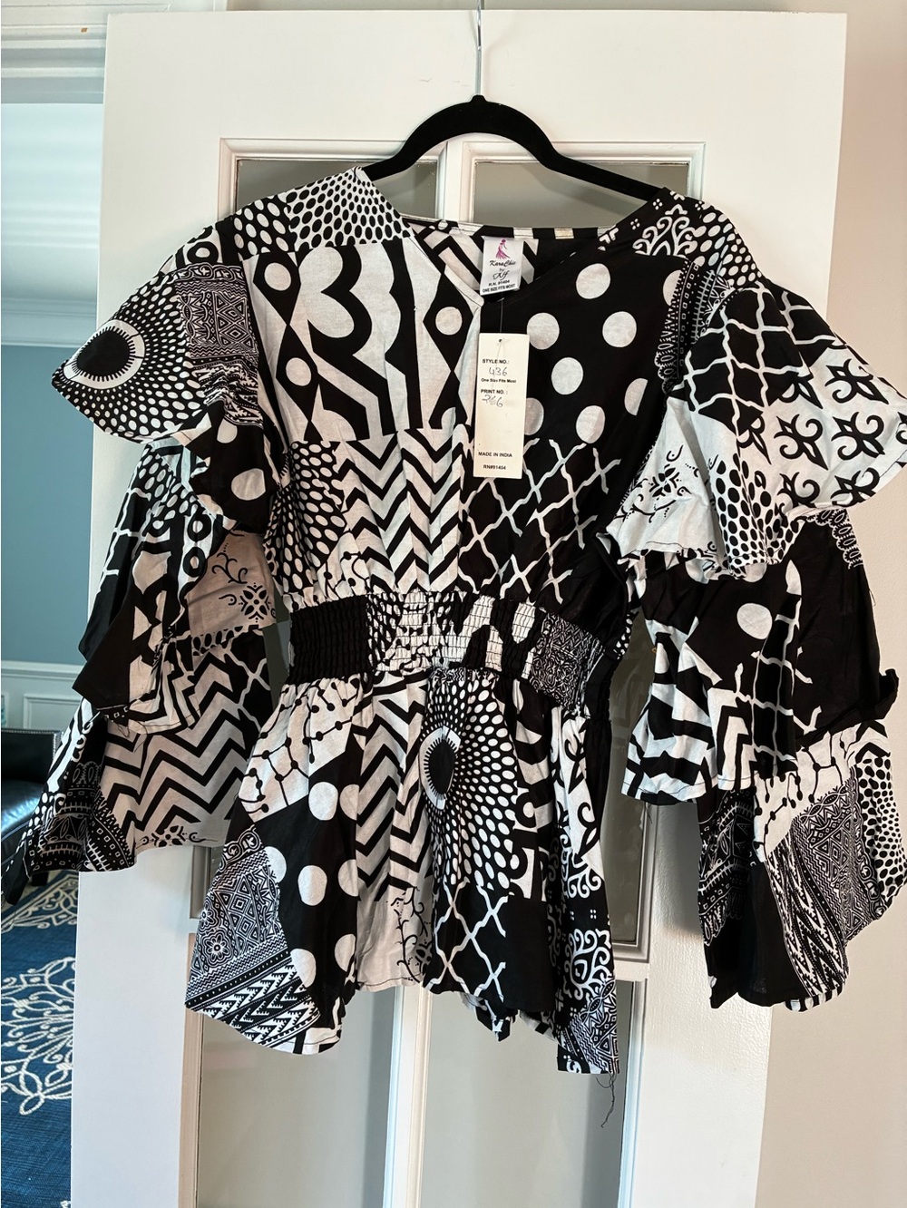 Black & White Patterned Ruffle Sleeve Peplum Top